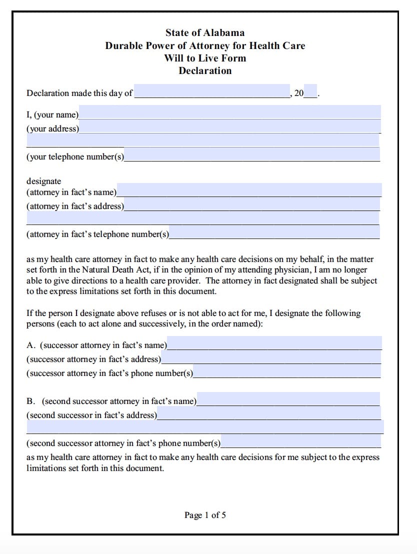 Free Printable Power Of Attorney Forms For Alabama Printable Forms