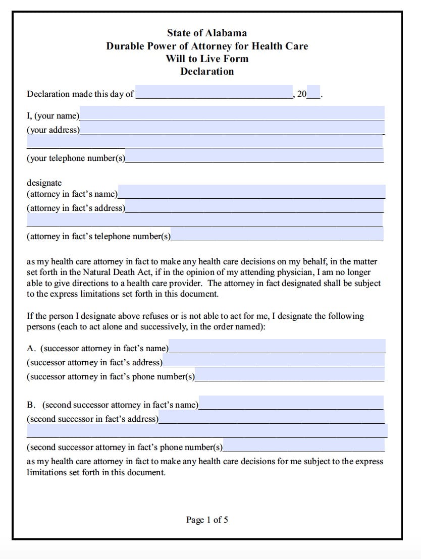Free Printable Medical Power Of Attorney Form Alabama Printable Forms Free Online
