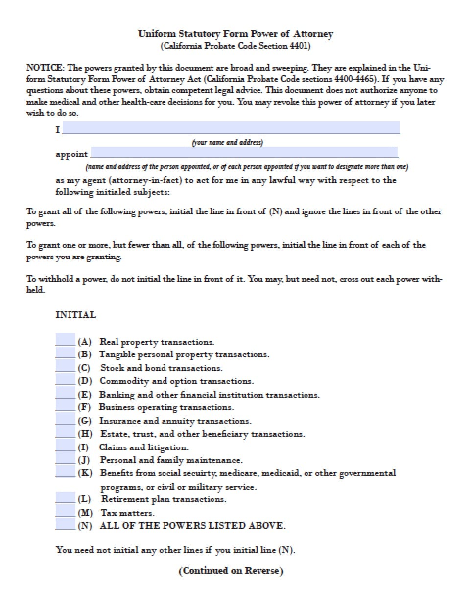 california durable power of attorney for finances form