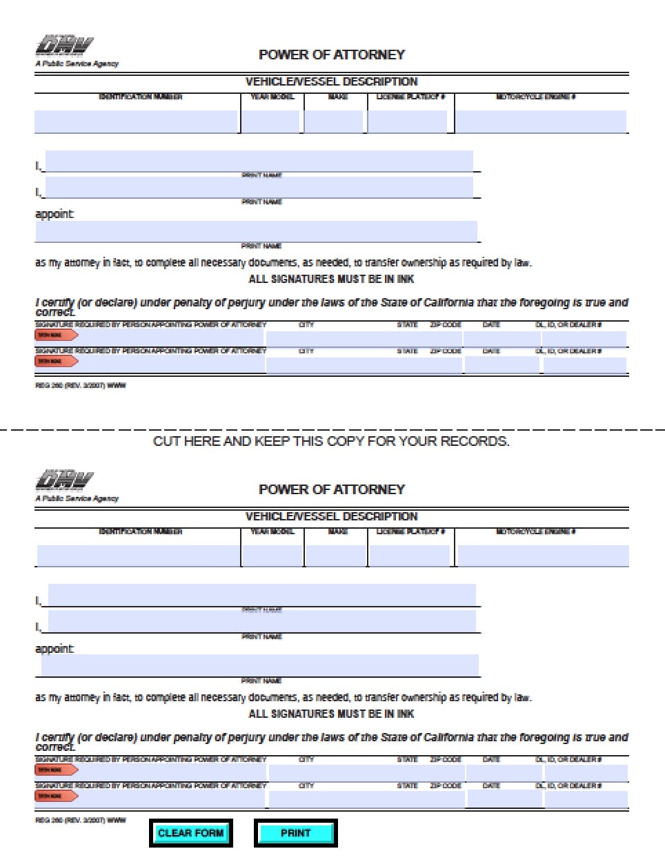 california power of attorney for vehicle transactions