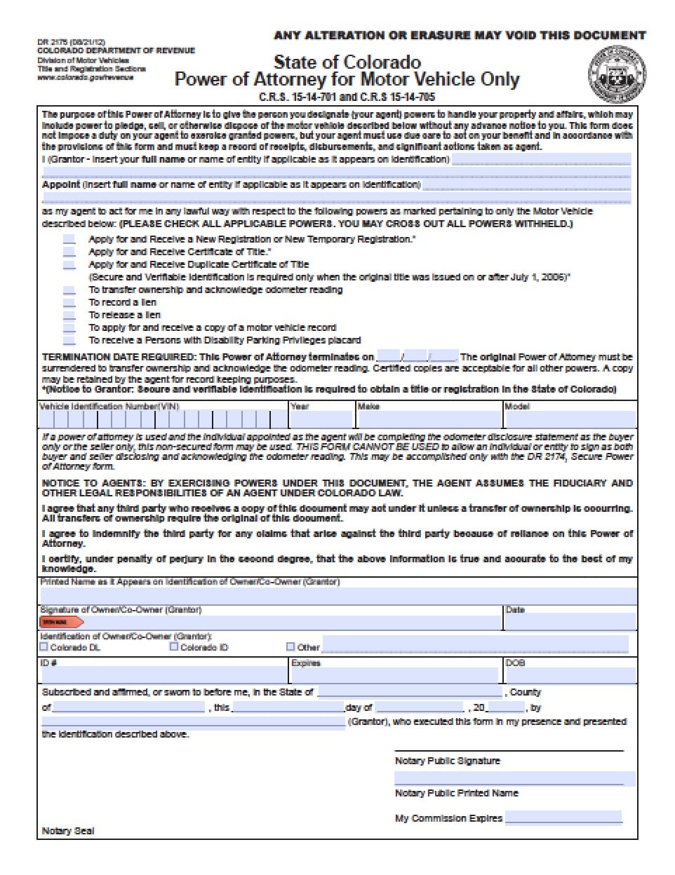 Colorado Vehicle Power of Attorney Form - Power of ...