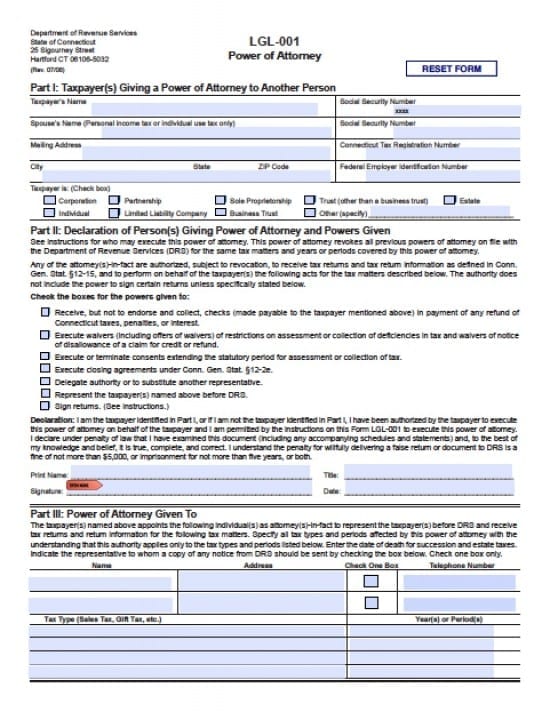 Connecticut Tax Power of Attorney Form