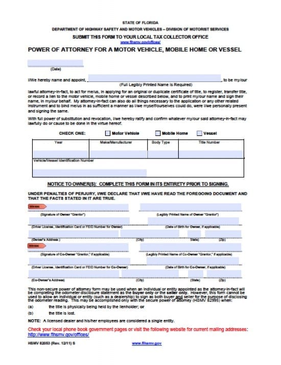 Florida Vehicle Power of Attorney Form