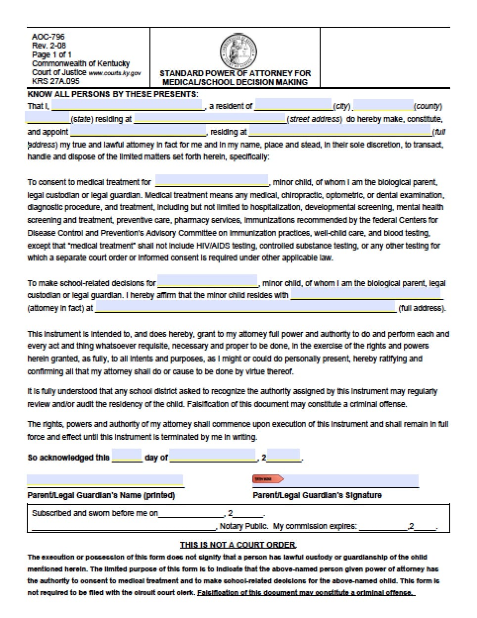 Sample Temporary Custody Letter from powerofattorneyforms.com