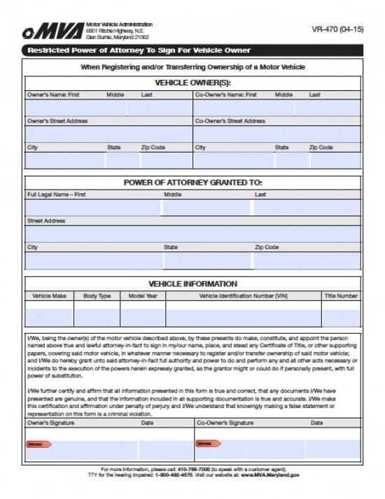 Maryland Vehicle Power of Attorney Form