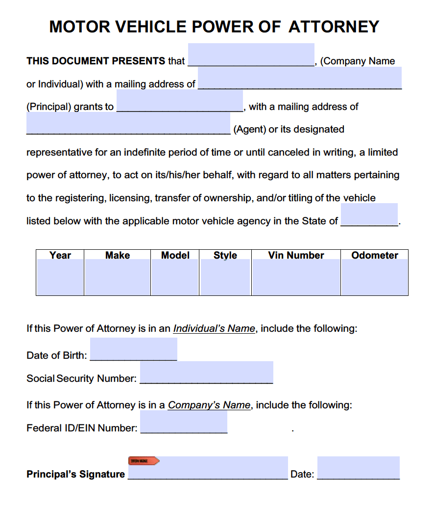 Motor Vehicle Power Of Attorney Forms Pdf Templates Power Of