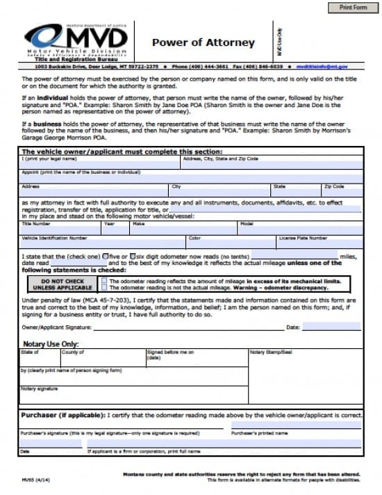 Montana Vehicle Power of Attorney Form