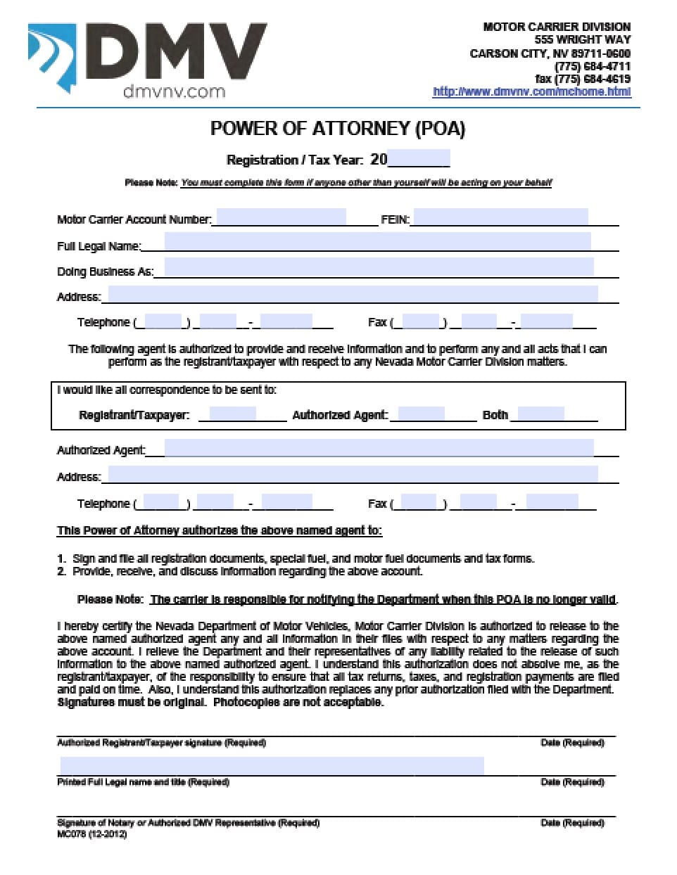 Nevada Vehicle Power Of Attorney Form Power Of Attorney Power Of 