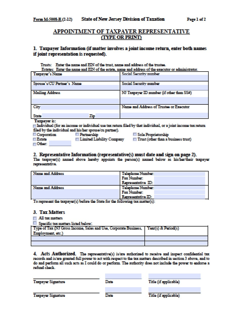 New Jersey Tax Power of Attorney Form - Power of Attorney : Power of