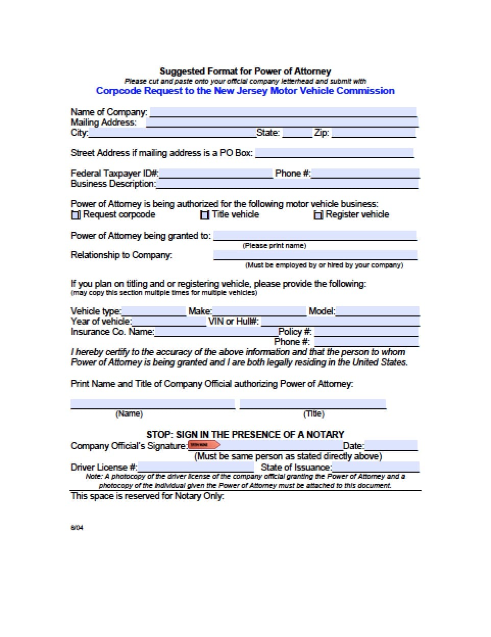 for license number sample ohio Power of  Power of Attorney Vehicle New Form  Jersey