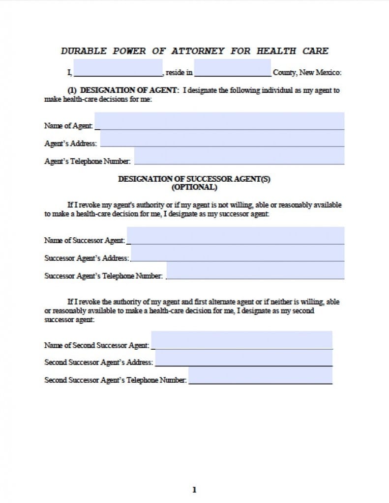 New Mexico Medical Power of Attorney Form Power of Attorney Power