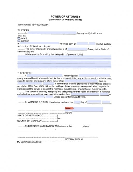 New Mexico Minor Child Power of Attorney Form