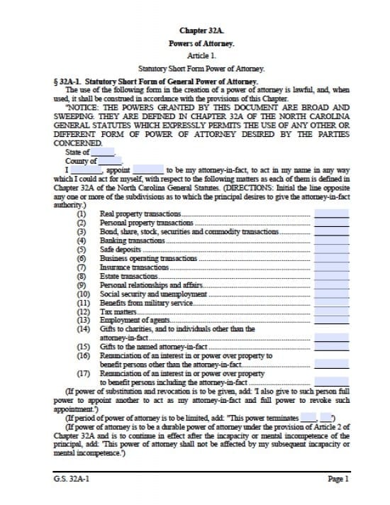 North Carolina Durable Financial Power of Attorney Form