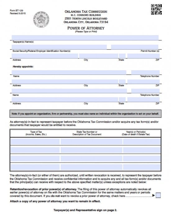 Oklahoma Tax Power of Attorney Form
