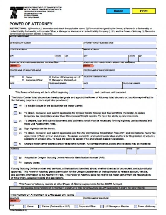 Oregon Vehicle Power of Attorney Form