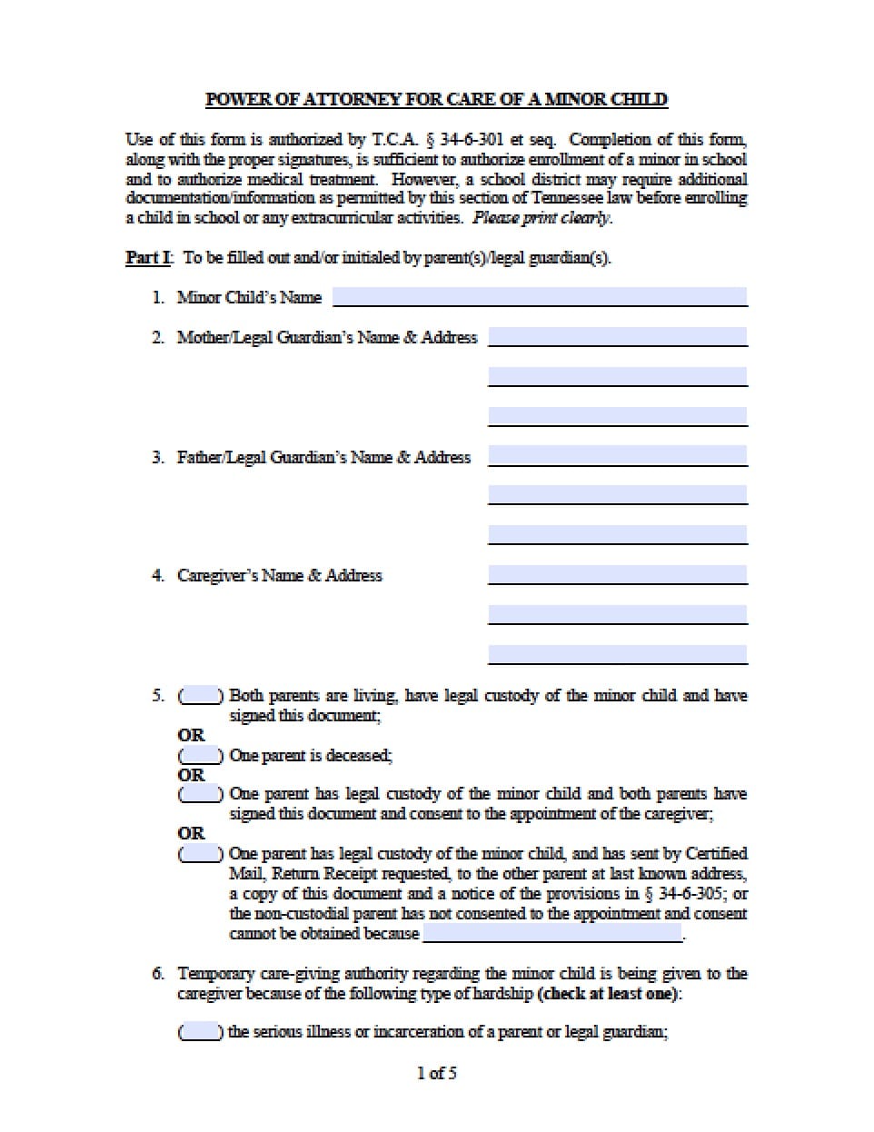 Free Printable Power Of Attorney Form Tennessee