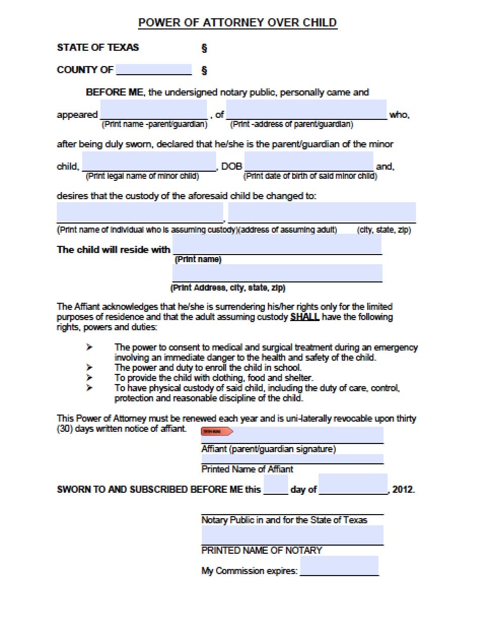 Sample Temporary Guardianship Letter from powerofattorneyforms.com