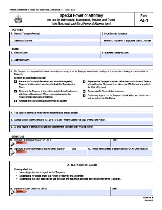 Vermont Tax Power of Attorney Form