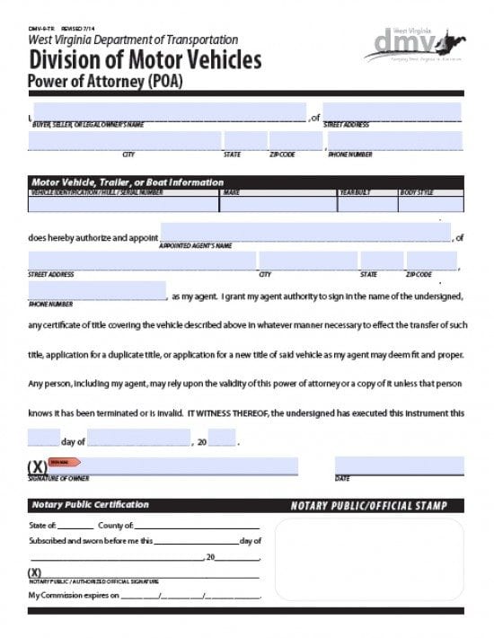 West Virginia Vehicle Power of Attorney Form