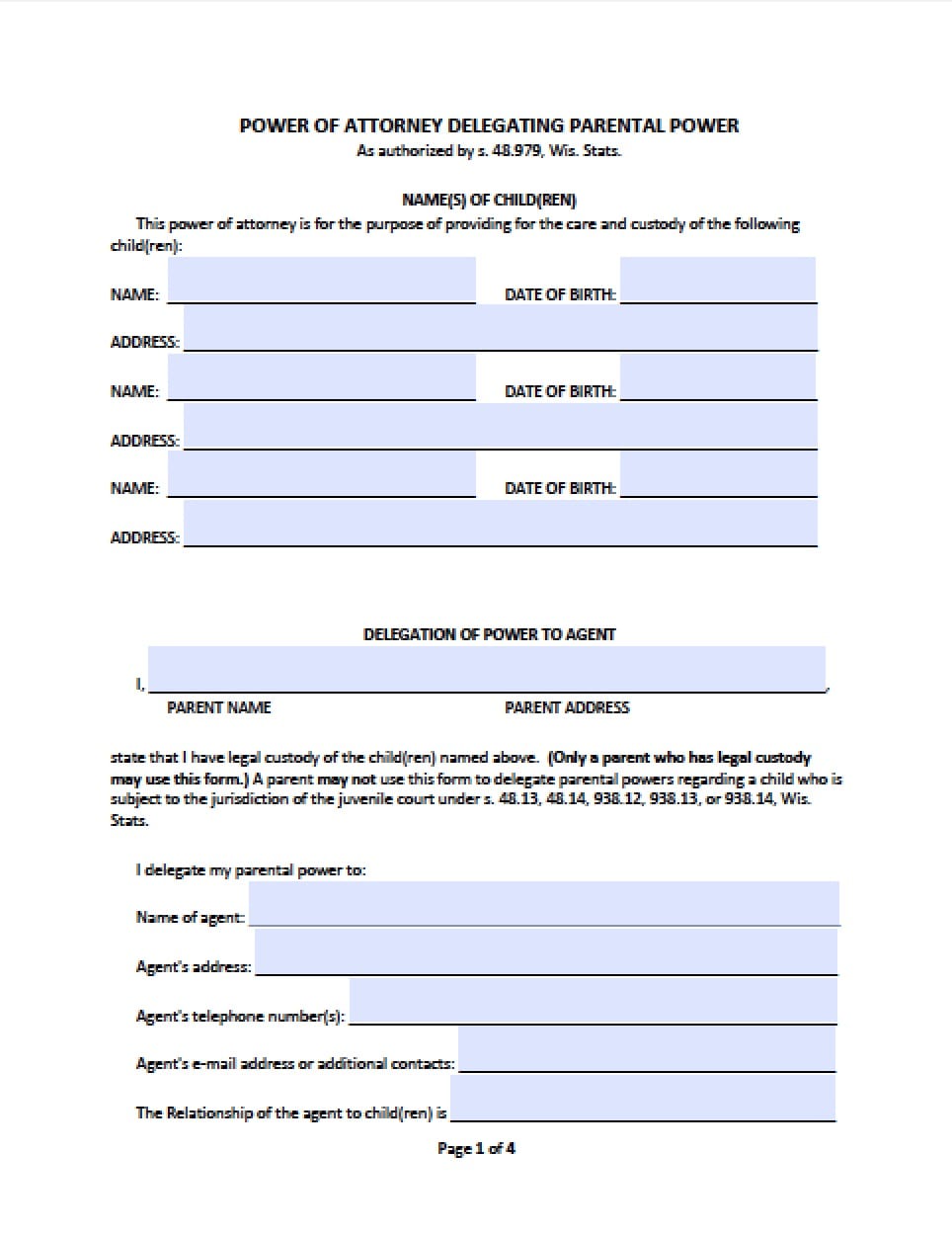 Free Minor (Child) Power of Attorney Form