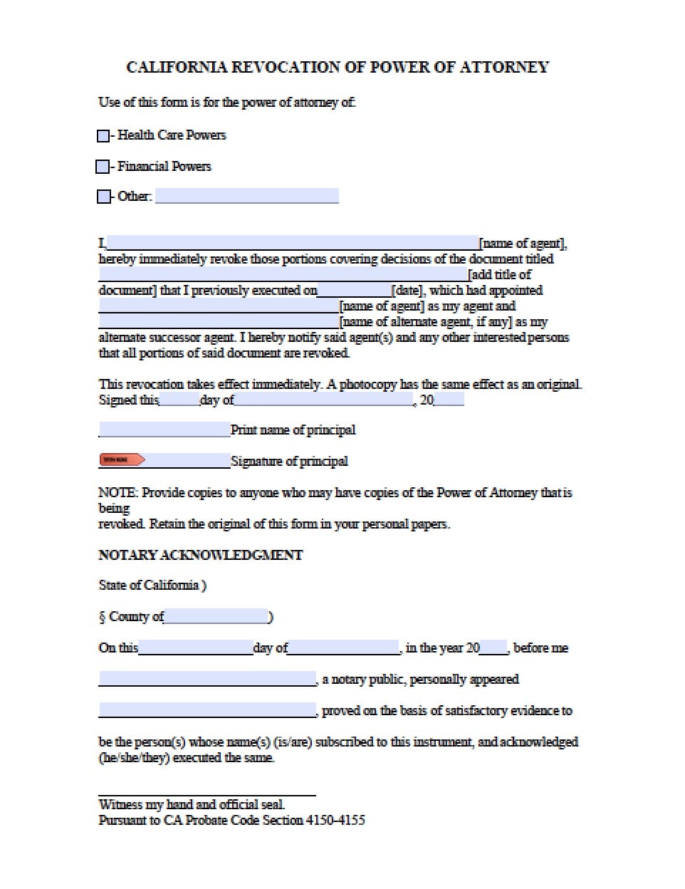 California Limited (Special) Power of Attorney Form - Power of Attorney