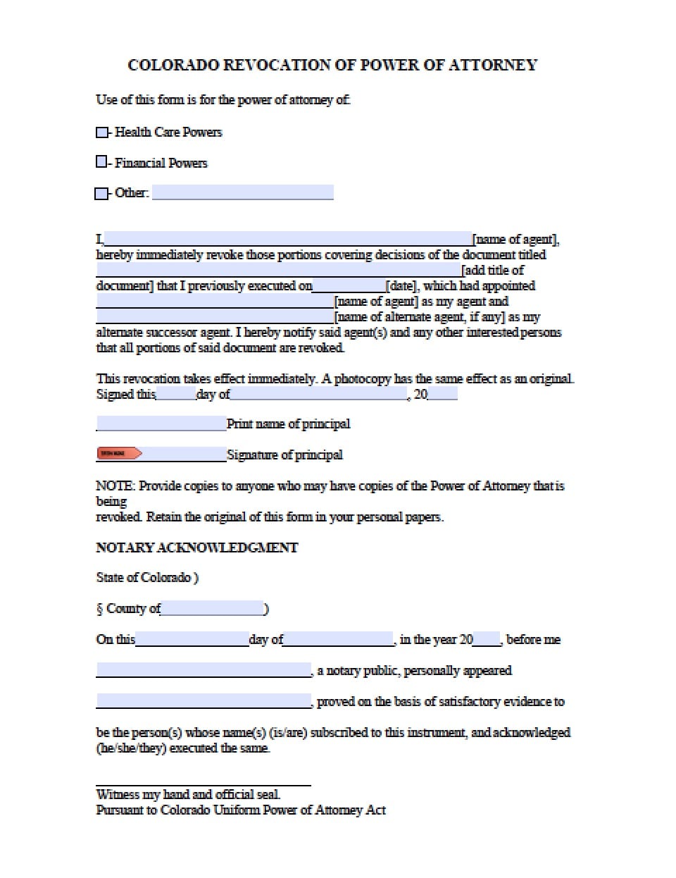 Colorado Revocation Power of Attorney Form