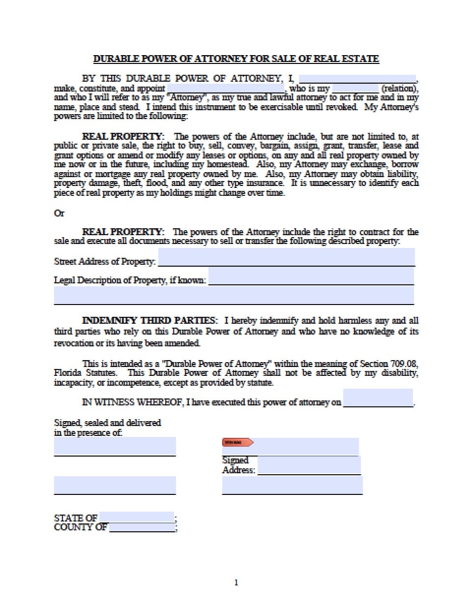 Printable Real Estate Power Of Attorney Form Printable Forms Free Online   Florida Real Estate ONLY Power Of Attorney Form 