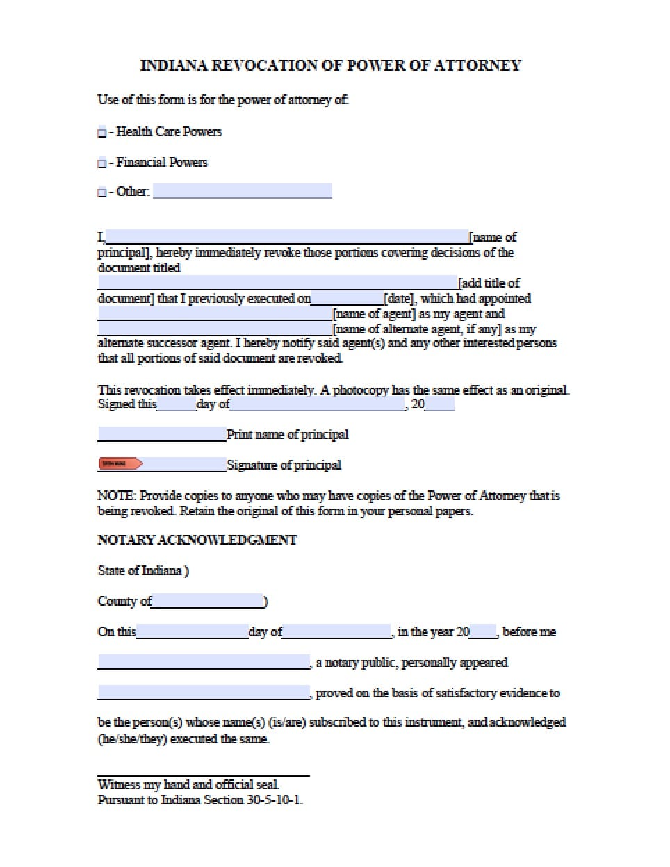 Printable Power Of Attorney Form Indiana