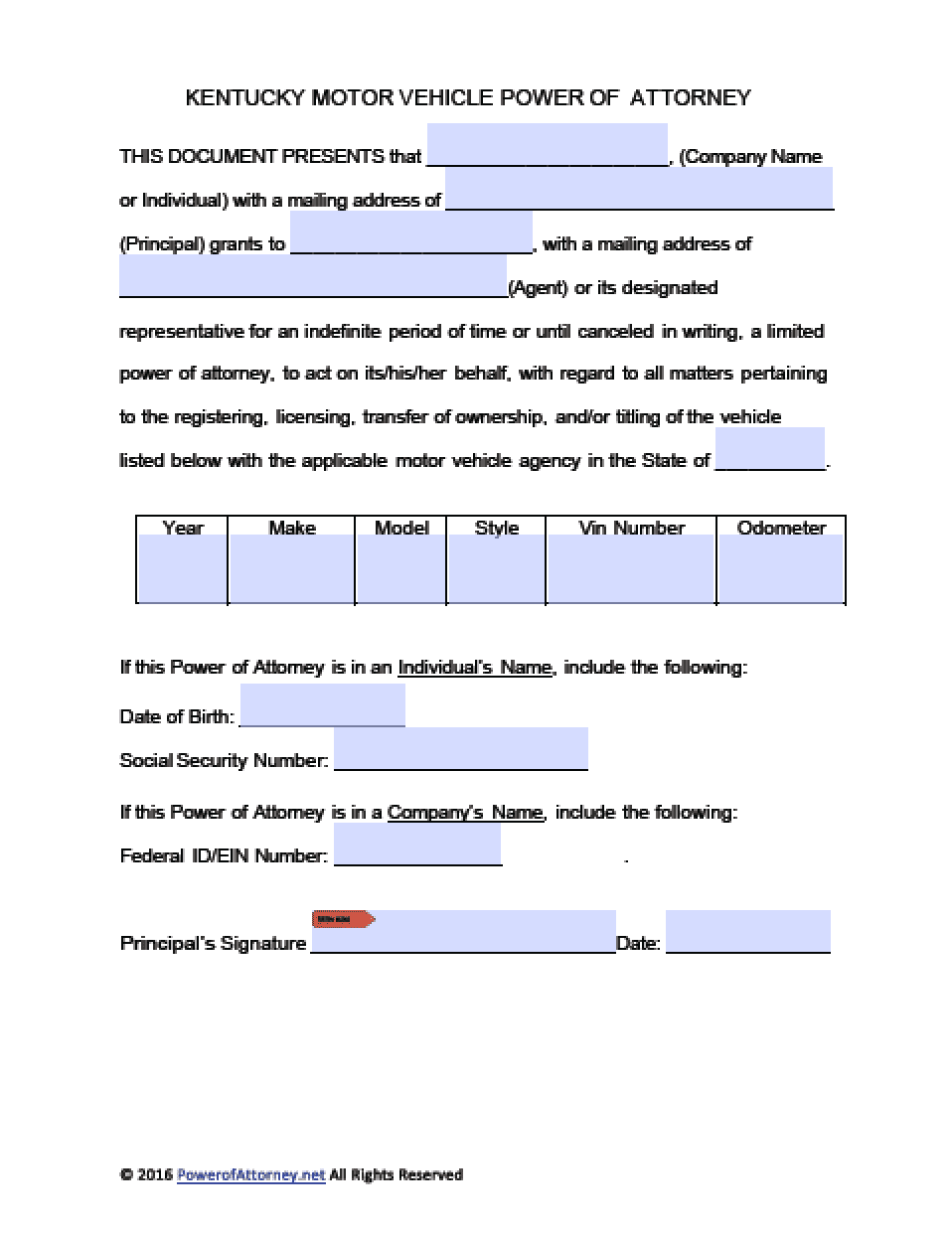 Kentucky Vehicle Power of Attorney Form