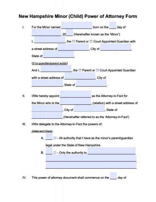 New Hampshire Minor Child Power of Attorney Form