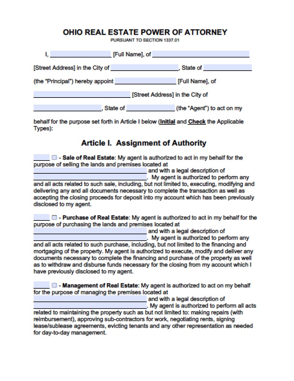 Ohio Real Estate ONLY Power of Attorney Form