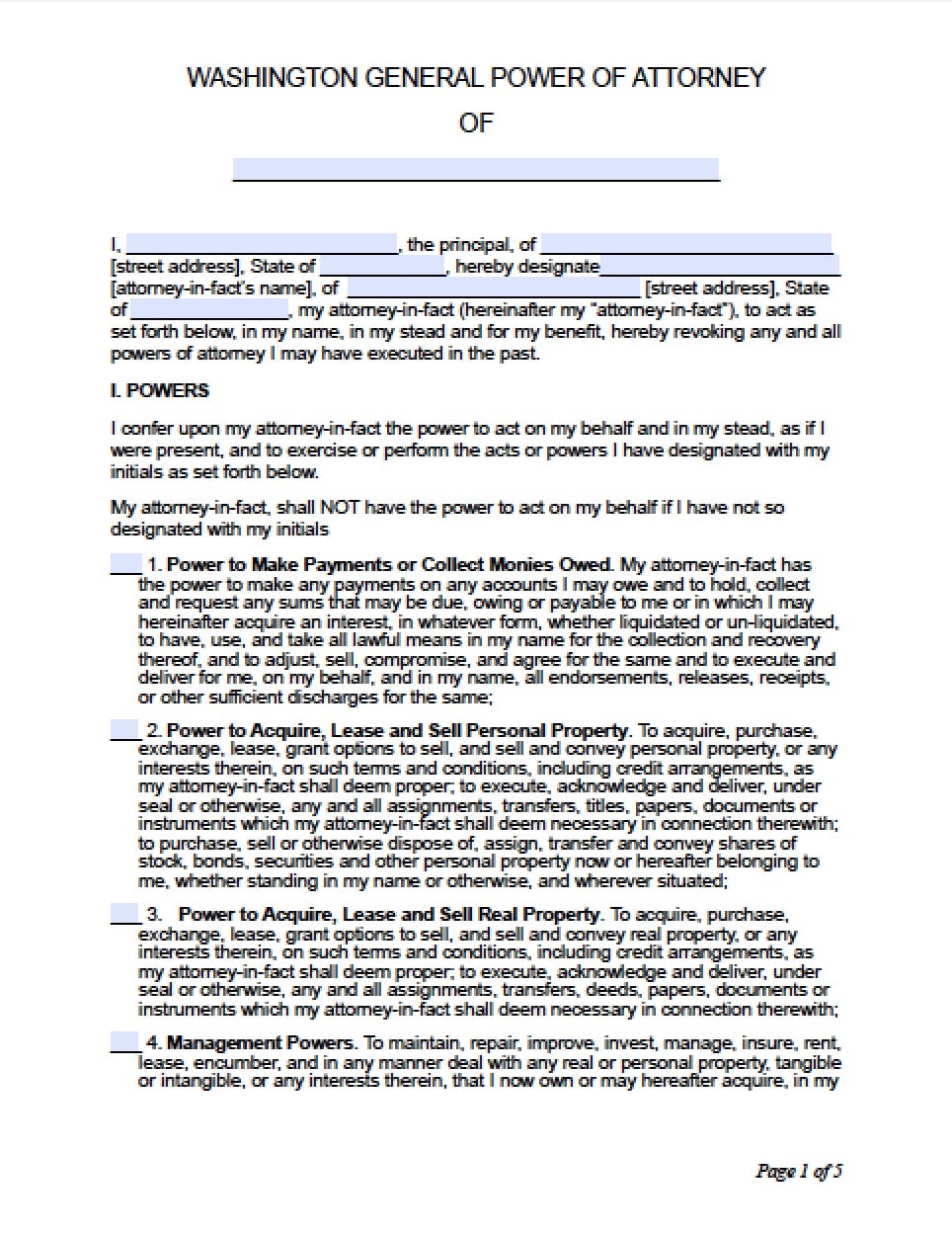 Washington General Financial Power of Attorney Form