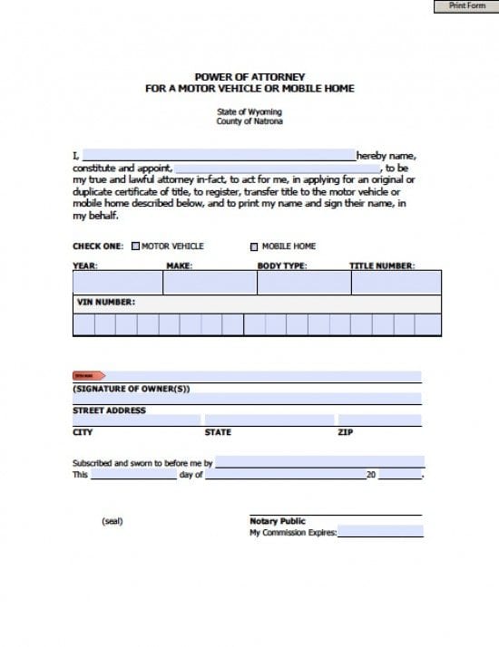 Wyoming Vehicle Power of Attorney Form