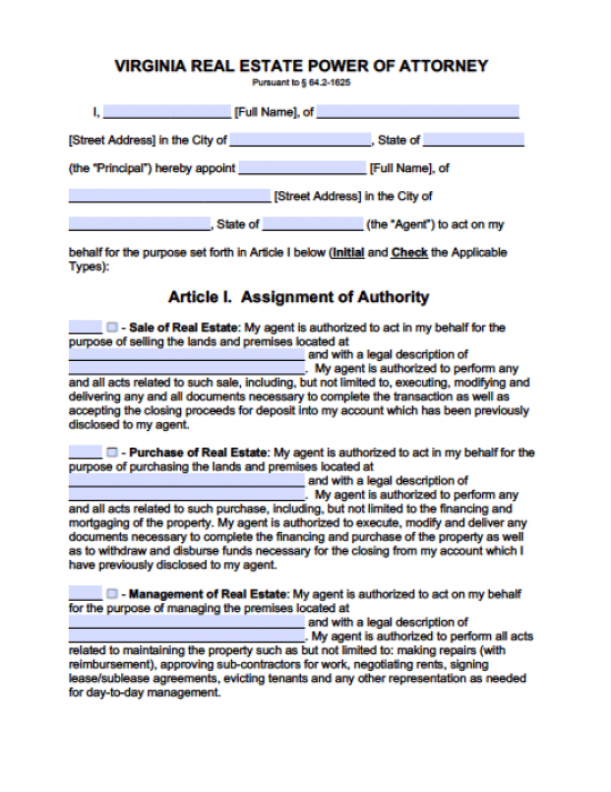 Virginia Real Estate ONLY Power of Attorney Form
