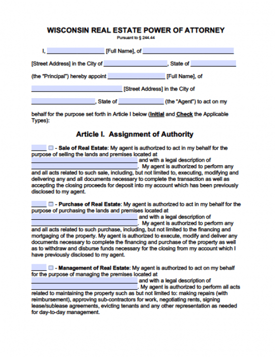 Wisconsin Real Estate ONLY Power of Attorney Form