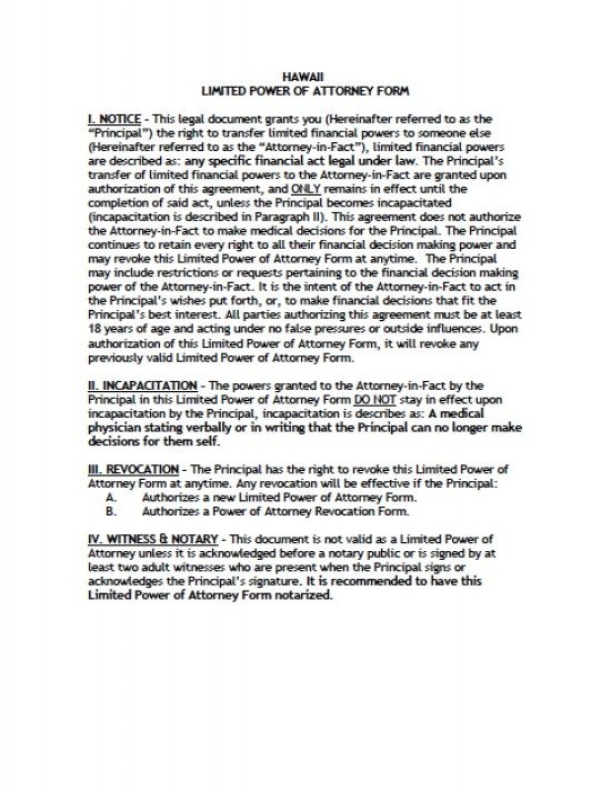 Hawaii Limited (Special) Power of Attorney Form Power of Attorney